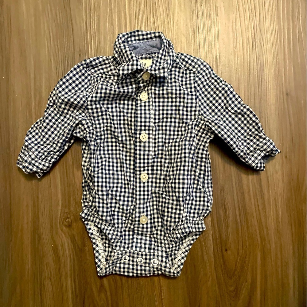 Baby B’gosh Blue and White Gingham Bodysuit with Collar and Long Sleeves size 3M
